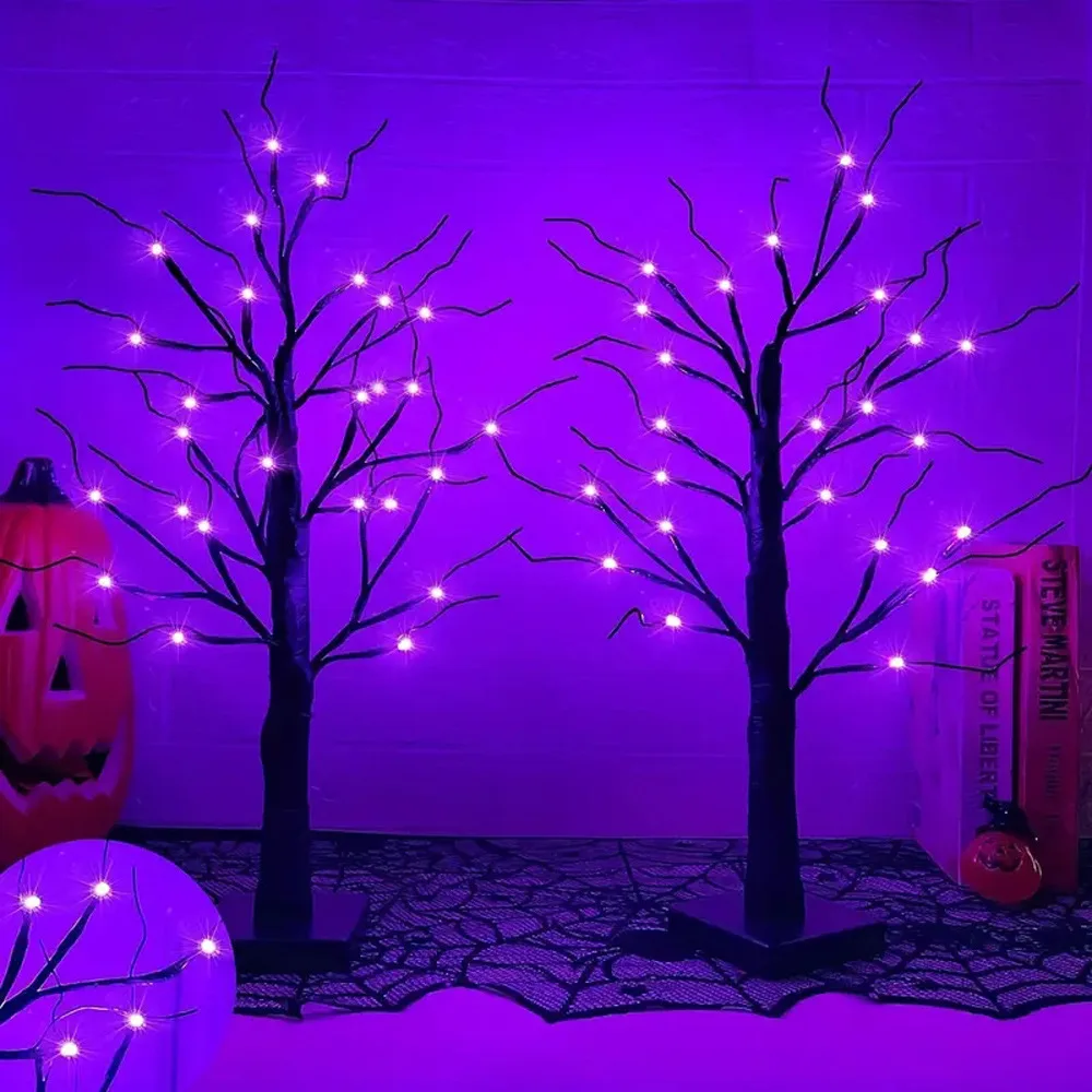 Bateria operado Halloween Birch Tree, laranja e roxo Light, abajur, Indoor Home Party, Decorações de Halloween, Night Light