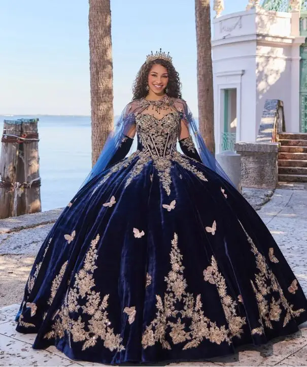 Vestido de terciopelo azul marino para quinceañera, traje de princesa con capa, apliques de Gillter, corsé con cordones, 15 quinceañeras rojos