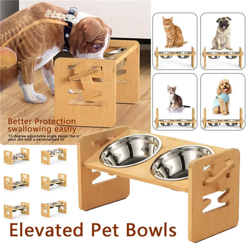 Bamboo Elevated Dog Bowls with Stand Adjustable Raised Puppy Cat Food Water Bowls Holder Rabbit Feeder for Small Medium Pet with