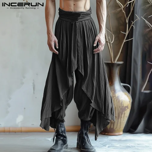 INCERUN-pantalones bombachos largos de Color liso para hombre, pantalón informal liso, con volantes, estilo americano, ropa de calle de gran tamaño, 2024