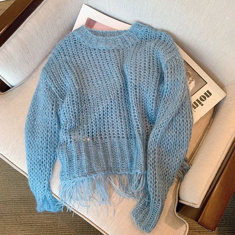 Maglione lavorato a maglia cavo con nappa di nuovo design primavera estate da donna con girocollo blu e filo spesso