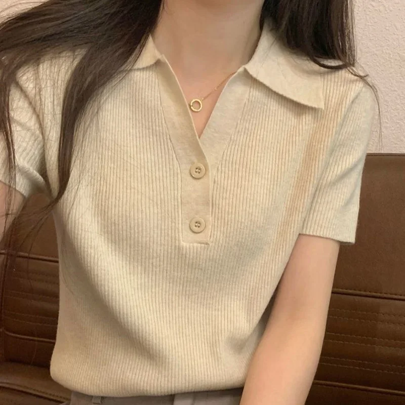 Summer New Polo Collar Solid Color Casual Short Sleeved Shirt Loose Slimming Fashion Simplicity Basic Young Style Loose Lady Top