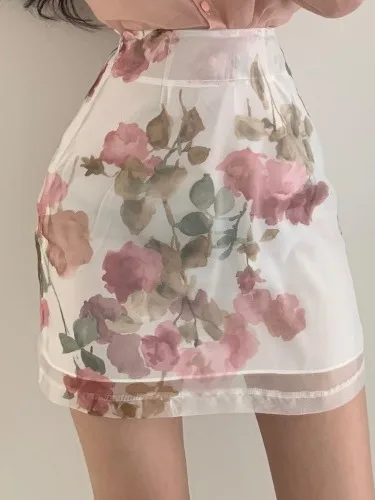 

Женский комплект: прозрачная блузка и юбка А-силуэта с высокой талией, уличный стиль, однотонная короткая юбка, модная женская одежда