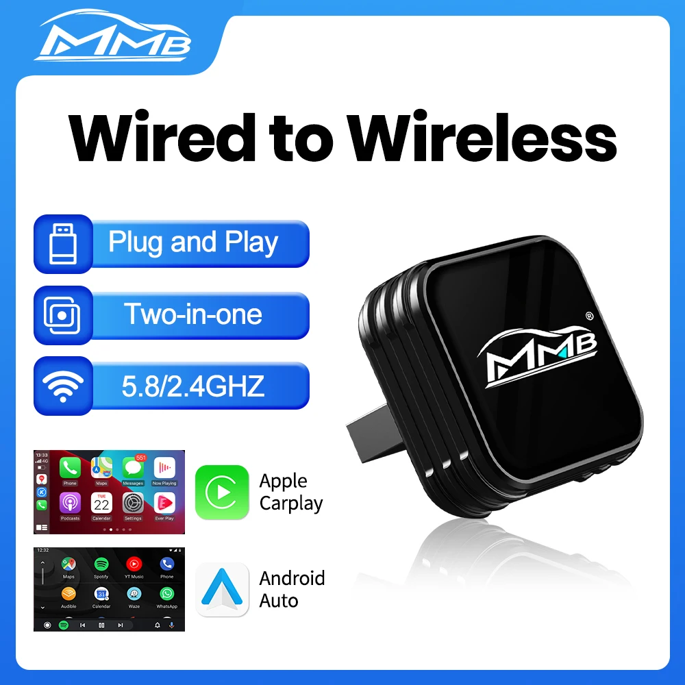 Adaptador Inalámbrico MMB Mini Ultra CarPlay Android Auto 2 en 1, Dongle USB para Toyota, VW, Chevrolet, Hyundai, Conexión Automática Plug and Play