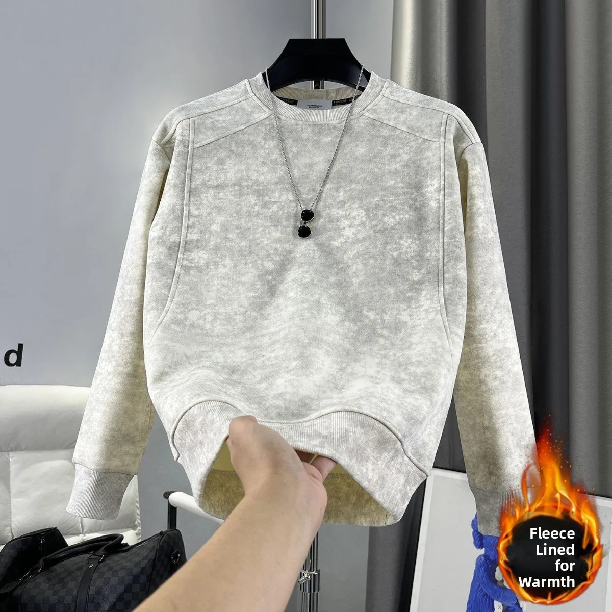 Men's Fleece Lined Long Sleeve Tie Dye Casual Shirt Slim Fit Autumn Winter Fashion Polyester Fabric Standard Edition Sweatshirt