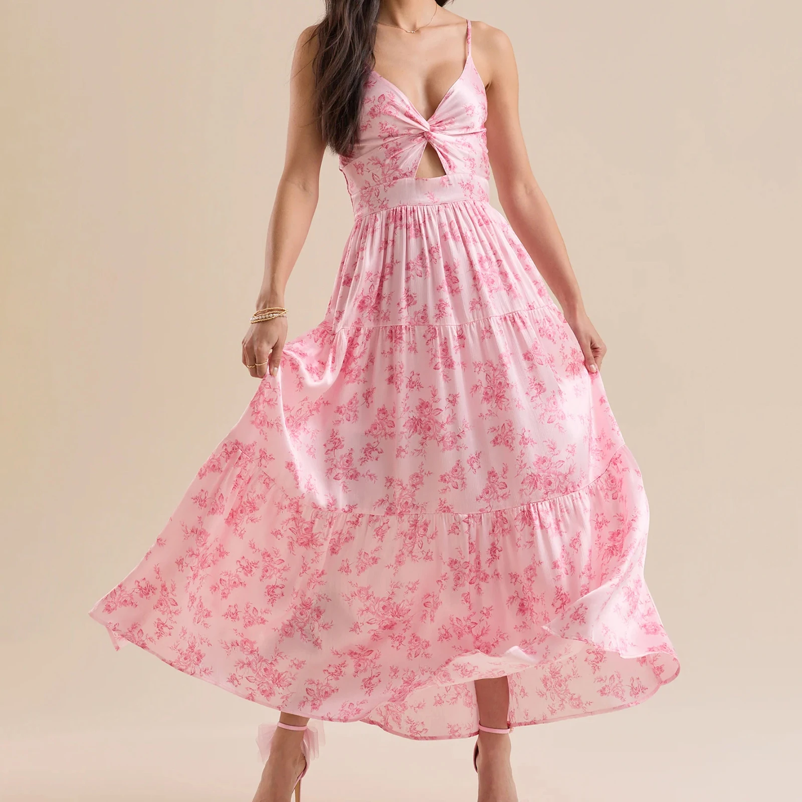 Combhasaki ผู้หญิงแขนกุดสายรัดปรับด้านหน้า Twist Hollow V คอดอกไม้พิมพ์ Smocked ฤดูร้อน Swing A-Line Cami ชุดยาว