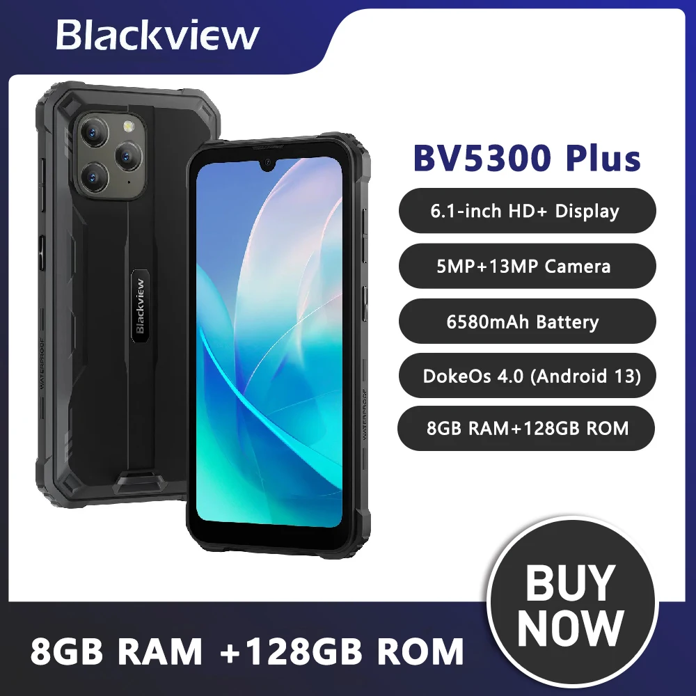 Blackview BV5300 Plus Rugged Smartphone Android 13 6.1'' HD Display Octa-core G72 8GB 128GB Phone 13MP 6580mAh Cellphone NFC