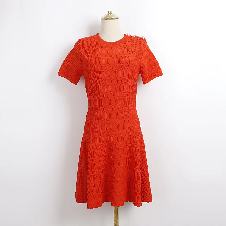 

2026 Spring Fall Knit Short-Sleeve Mini Dress Textured Pattern Button Back Zip Flare Pleated A-Line Dress Casual French Fashion