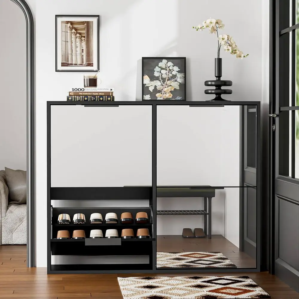 

4-Door Wooden Shoe Cabinet with Adjustable Shelves, Mirrored Doors, and Lip Down Design for Stylish Entryway Storage