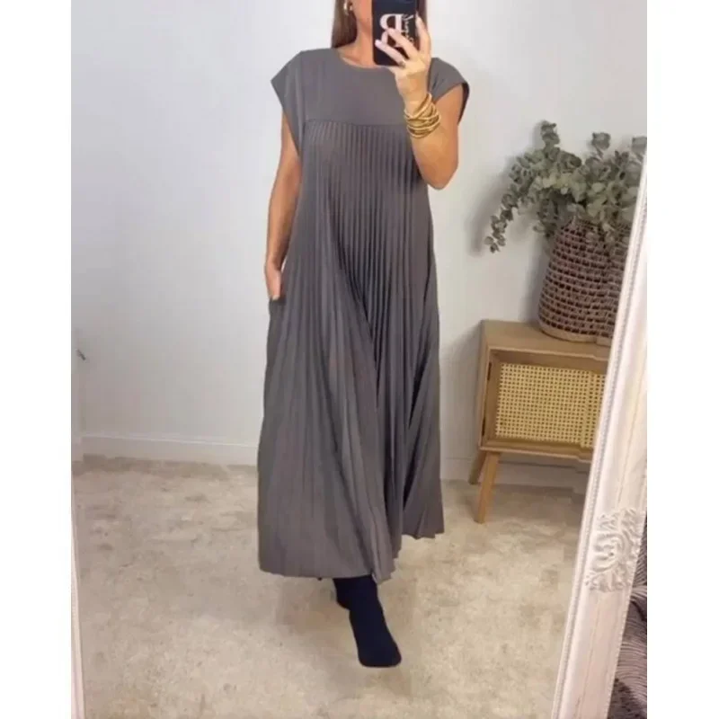 Women Round Neck Sleeveless Pleated Dress Solid Color Sexy Long Loose Maxi Dress Summer Ankle Length