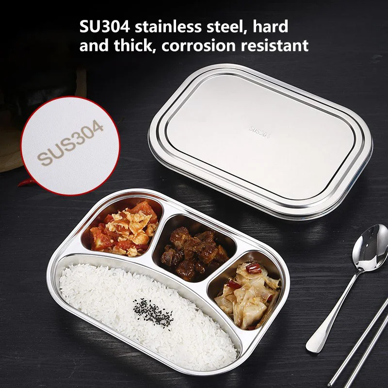 3/4 Section 304 Stainless Steel Divided Dinner Tray Lunch Container Food Plate for School Canteen Fast Food Adult Lunch Box