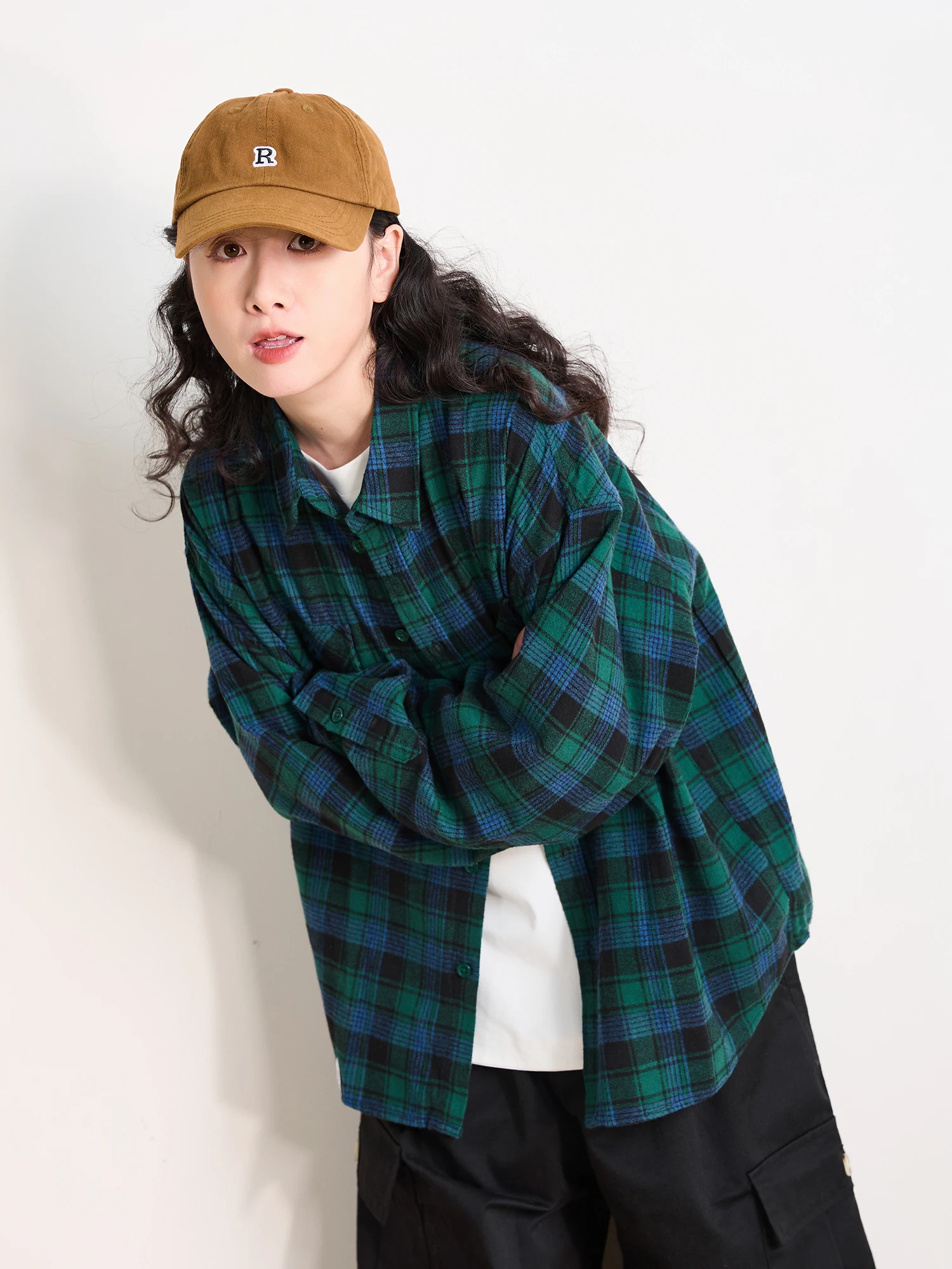 

Retro Japanese Sle Long Sve Plaid Color Blo Women's irt Woolen Coat Casual Design Breathable Cotton Polyester Blend