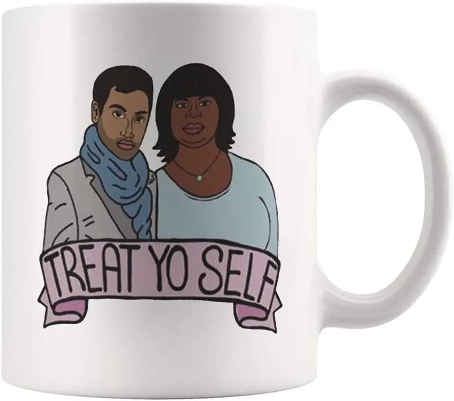 Treat yo Self Mug, Parks and Rec, Leslie Knope, Ron Swanson, The Worst, Andy Dwyer, April Ludgate, Tom Haverford, Donna Meagle,