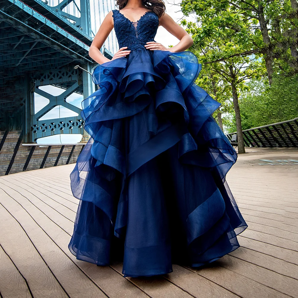 여성용 클래식 다크 블루 이브닝 드레스, 섹시한 딥 브이넥 민소매 발목 길이 얇은 명주 그물 볼 가운, 공식 디너 파티 코스튬