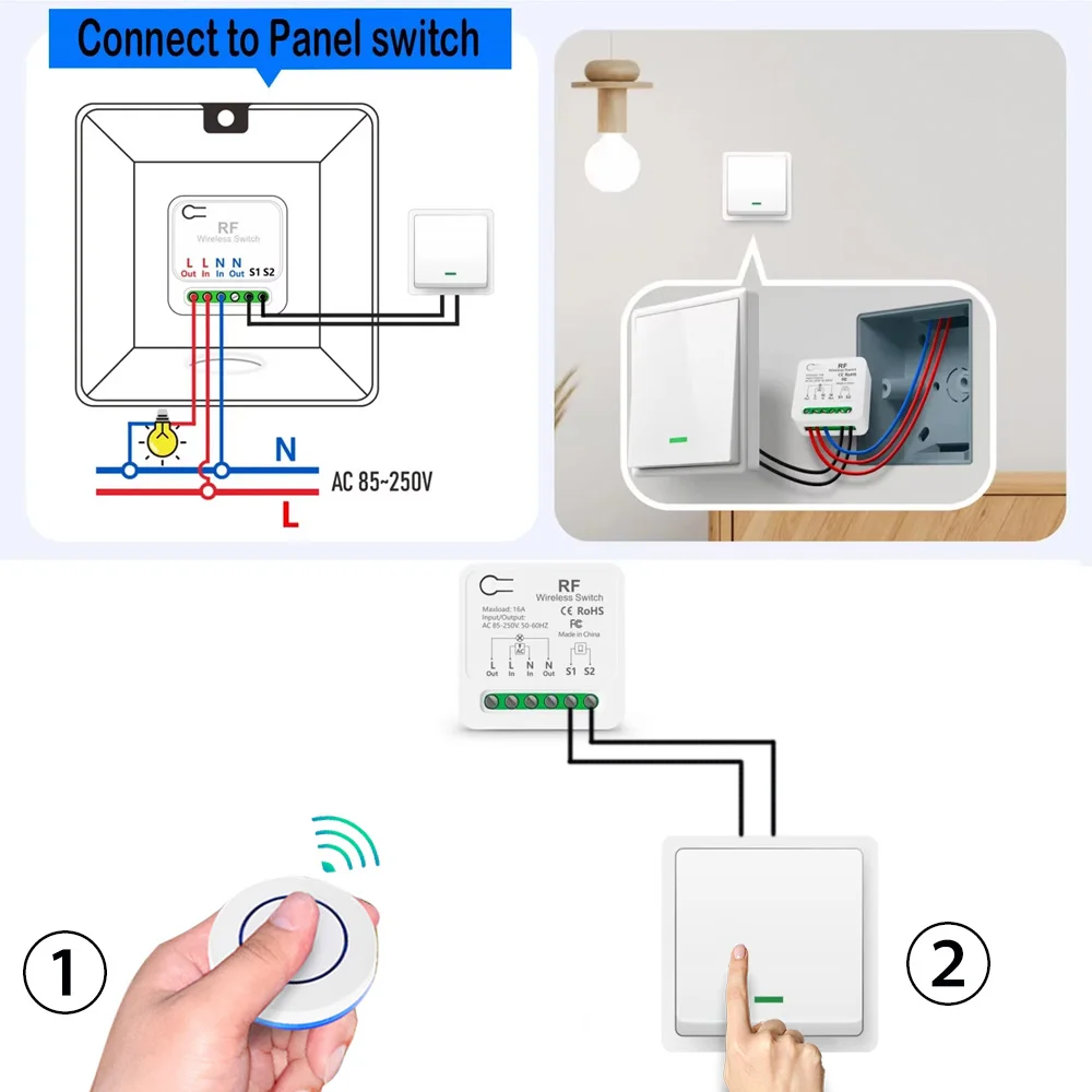 433Mhz Wireless Smart Light Switch 86 Panel Remote Control Switch AC 110V 220V 230V 240V 16A 3000W Mini Relay Receiver for Lamp