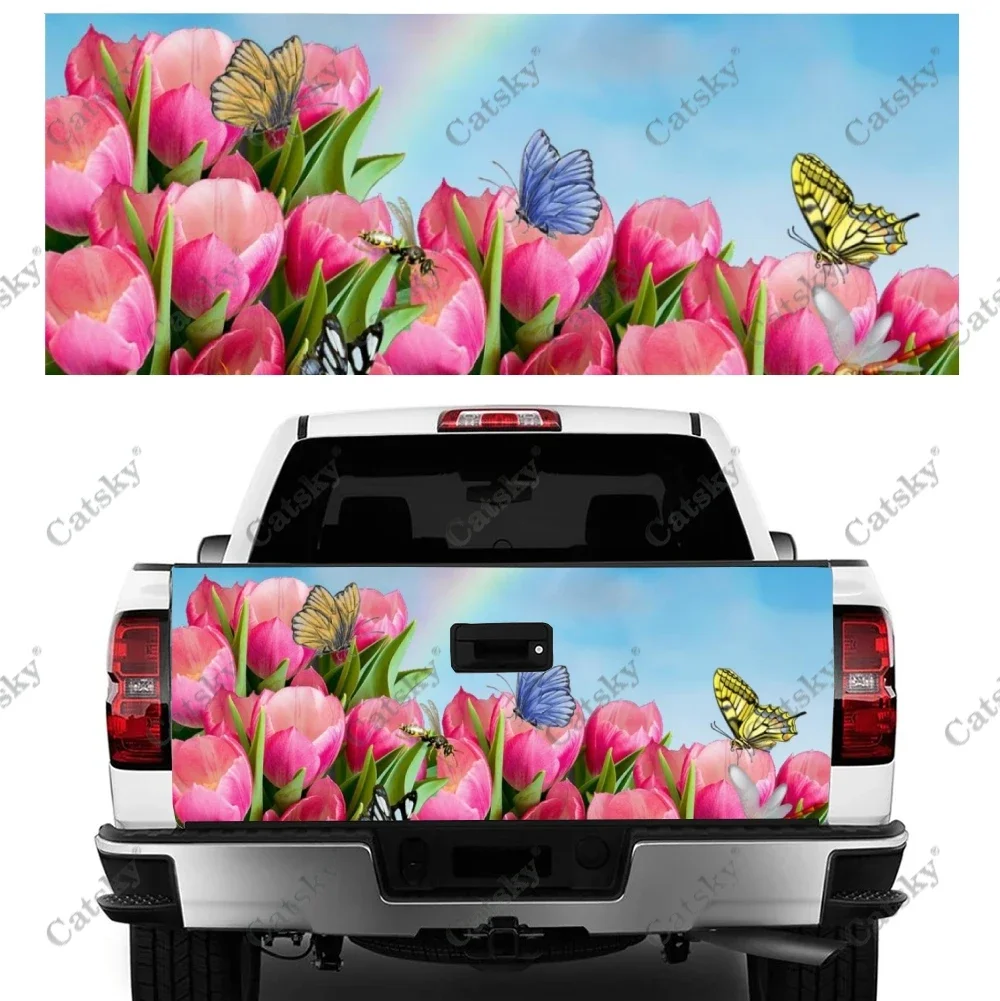 Pink Tulips Butterfly Universal Car Tail Trunk Protect Sticker Decal Car Body Hood Automobile Decoration for SUV Off-roadPickup