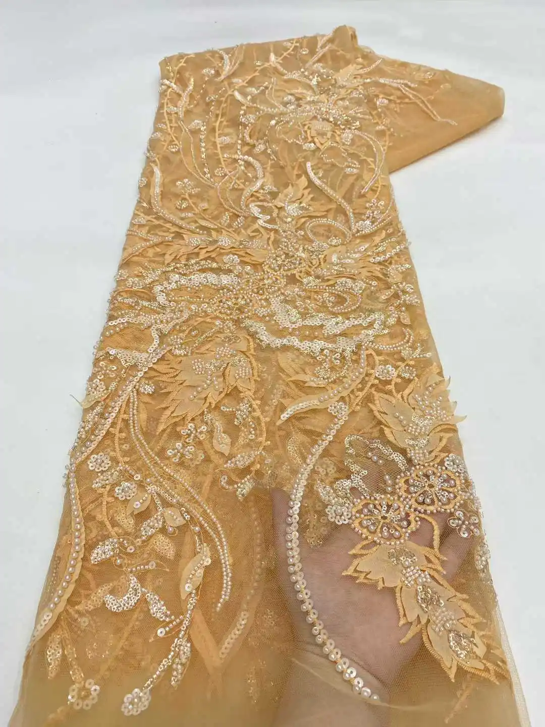 

Африканская тяжелая кружевная ткань с бисером, высокое качество, 5 ярдов, нигерийский тюль с блестками, 3D ткань, материал для свадьбы