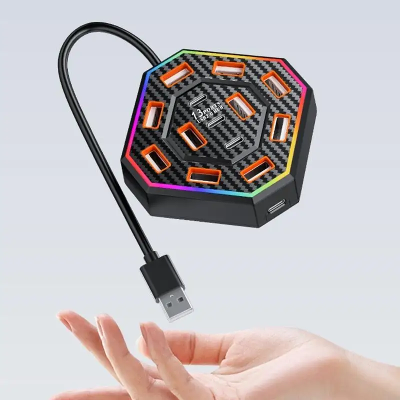 

13 Port USB Splitter with 10 USB-A and 3 Type C Outlets, Color Side Light, USB-A Cable for PC Laptop Desk Use Daily F19E