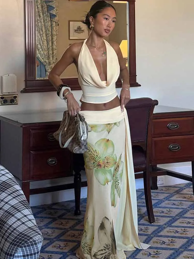 

BKQU Vacation Print 3 Piece Set Women Swinging Y2K Halter Backless Tops+Split Lace Up Stacking Mesh Long Skirts Beach Outfits
