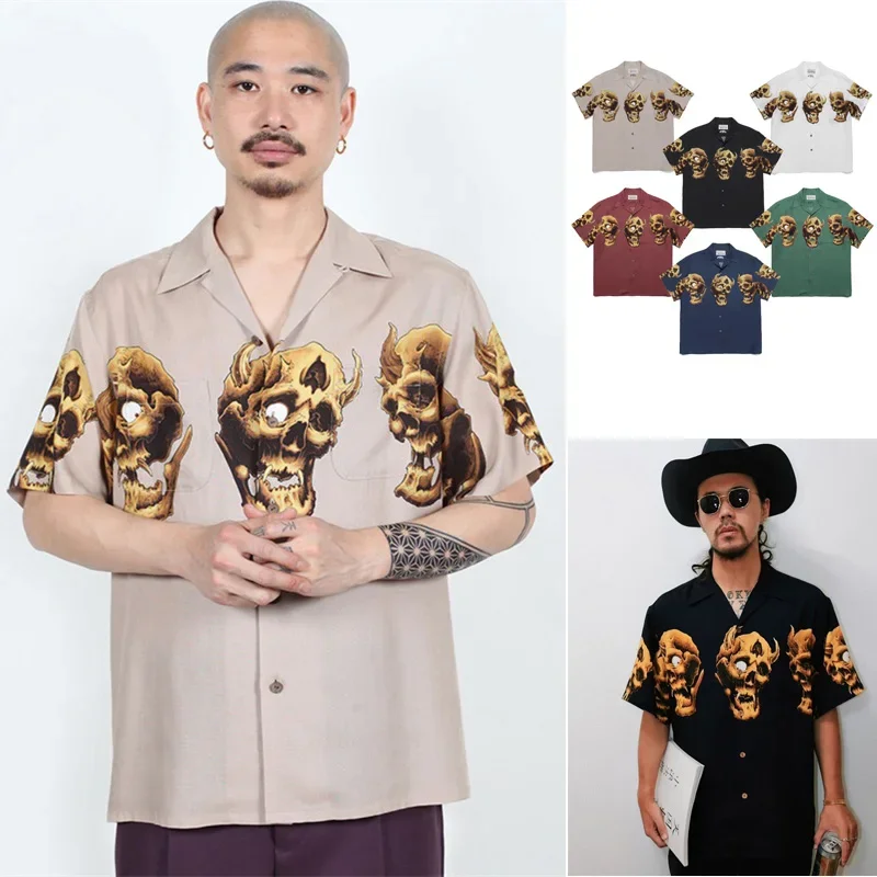 New WACKO MAR Autumn Skeleton Ghost Head Printing Shirt Men Woman Summer Casual Hawaiian Style Short Sleeve