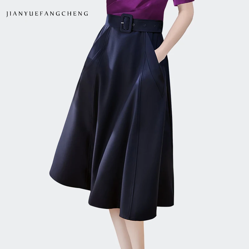 Fashion Belt-up Women' Blue A-line Pleated Skirt High Waist Flowy Female Loose Midi Skirts With Pockets Ladies Summer Bottoms