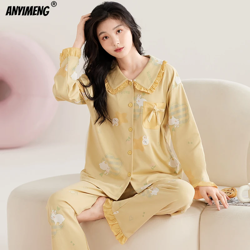 Autumn Winter Women Cotton Pajamas Lapel Cute Girl Sleepwear Princess Style Loungewear Lady Long Sleeve Bear Print Pijamas