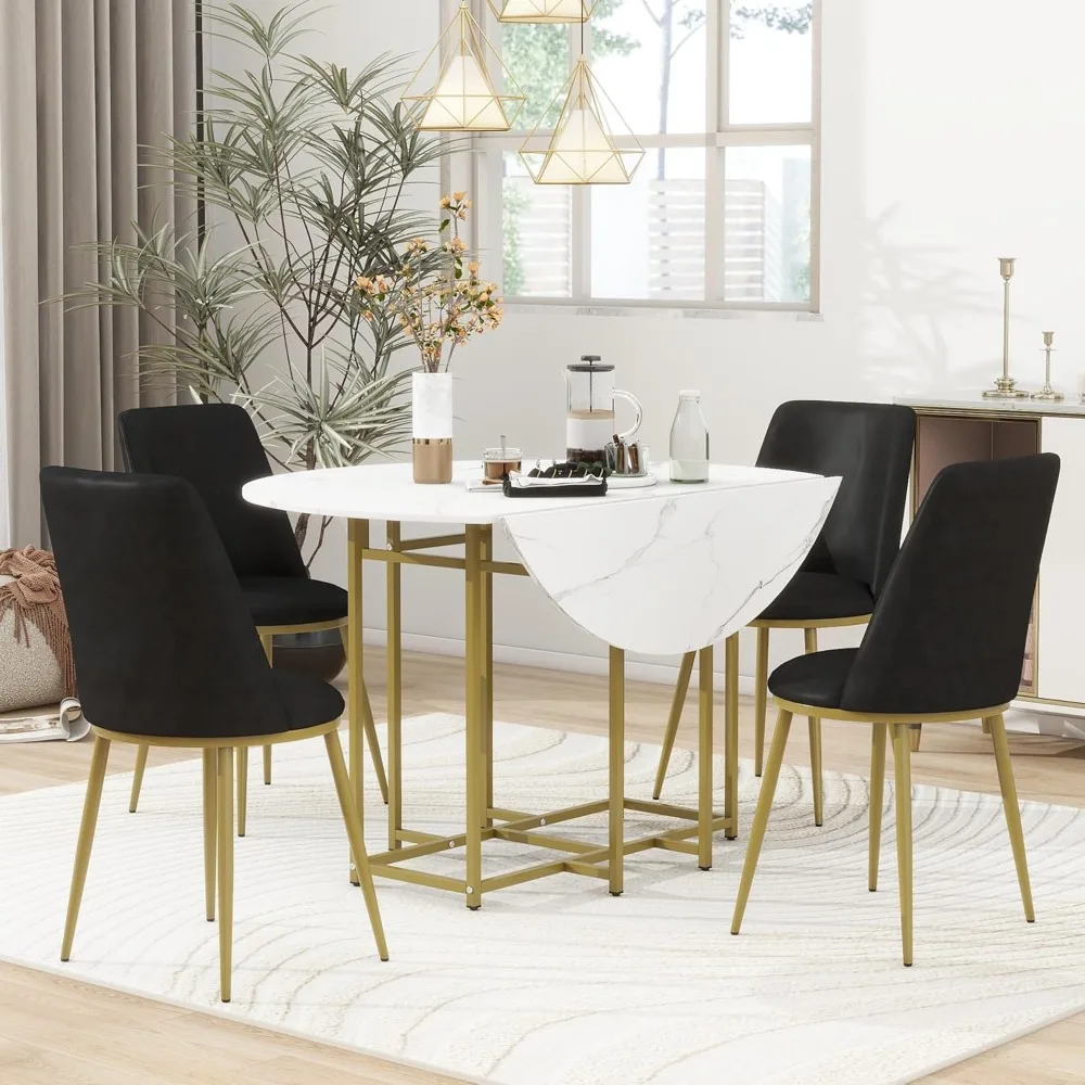 

5-Piece Extendable Dining Table Set, Round Faux Marble Top with Frame and 4 Upholstered Chairs, Compact Foldable Design