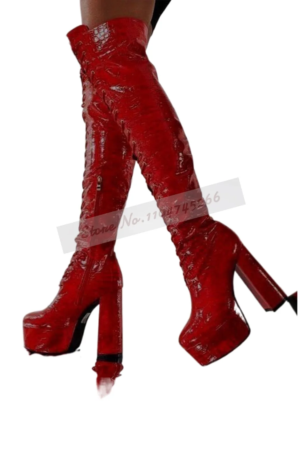 الأحمر التمساح نمط فوق الركبة أحذية النساء صندل بكعب مكتنز عالية منصة الفخذ أحذية عالية جلد الثعبان الدانتيل متابعة فستان طويل الأحذية