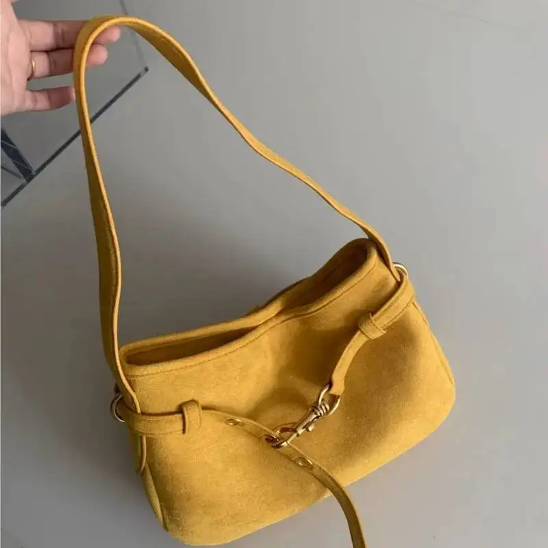 Bloom Yellow Suede Handbag Women Retro Fashion Versatile Shoulder Bags Ladies Casual Minimalist Commute Underarm Bag 2025 New