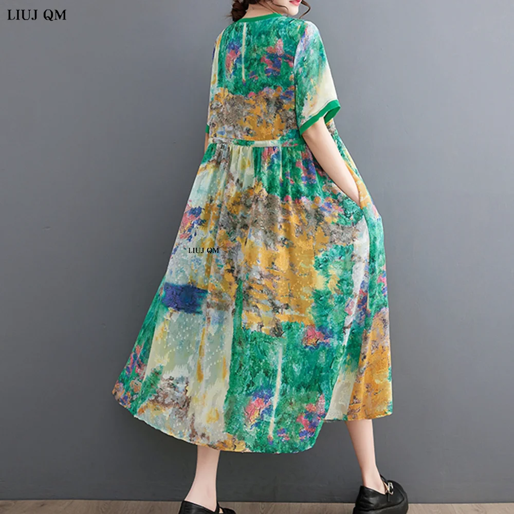 2023 plus size verão vestidos de impressão para as mulheres manga curta solta casual vintage vestido moda elegante roupas de verão