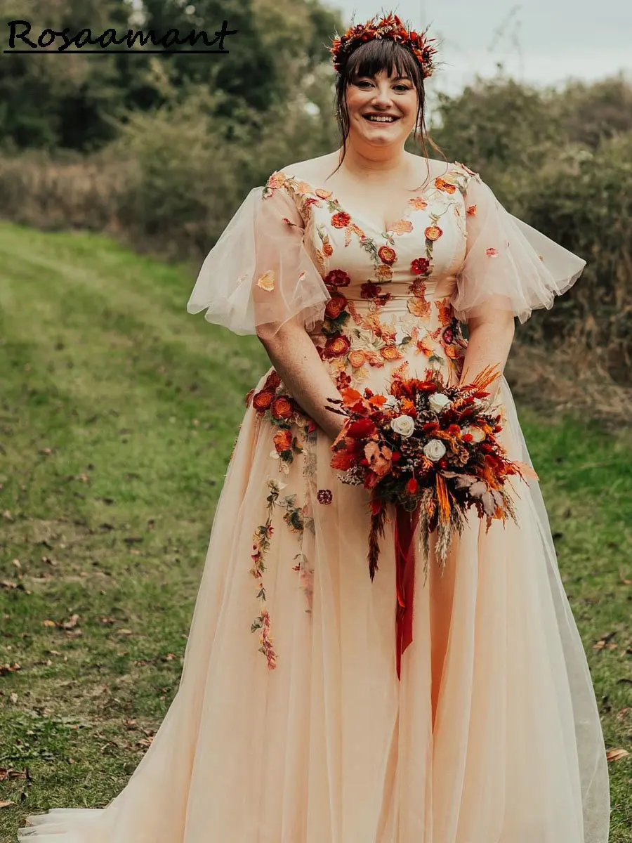 Champagne V-Neck Short Sleeve A-Line Wedding Dresses Floral Appliques Lace Customized Country Bridal Gowns