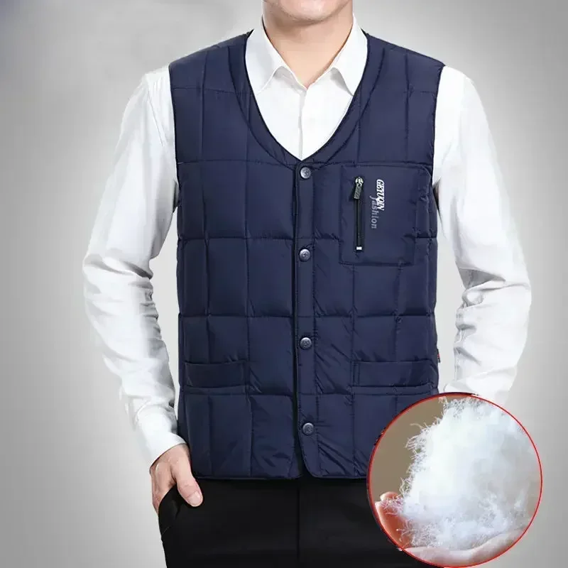 

Male Button Down Fishing Vest Lightweight Duck Down Warm Vest for Men Winter V-neck Sleeveless Warm Jacket Casual Fit Waistcoat