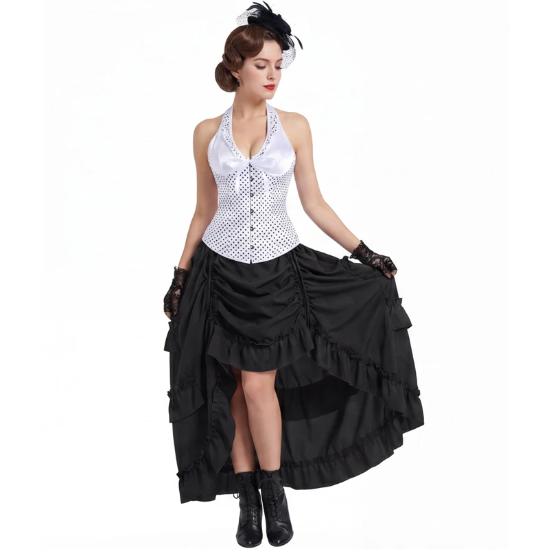 

Women Black with White Dots Corset Vest Sexy Vintage Lace Up Overbust Bustiers Top Party Corset Dress