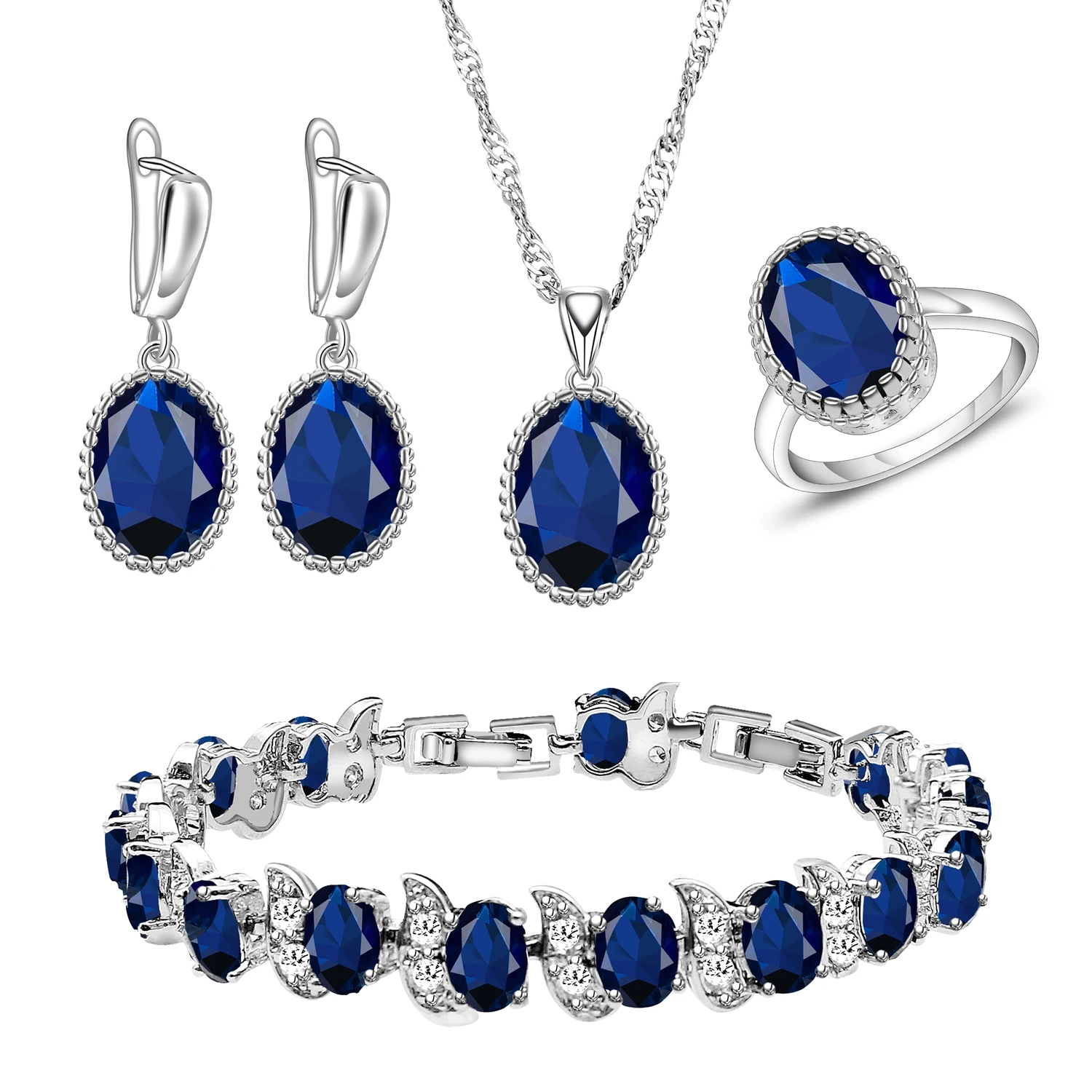 LMFAELECA 925 Silver Women Jewelry Sets Blue Sapphire Earrings Necklace Ring Bracelets Set Gift for Mom/Wife/Sister/Best Friend