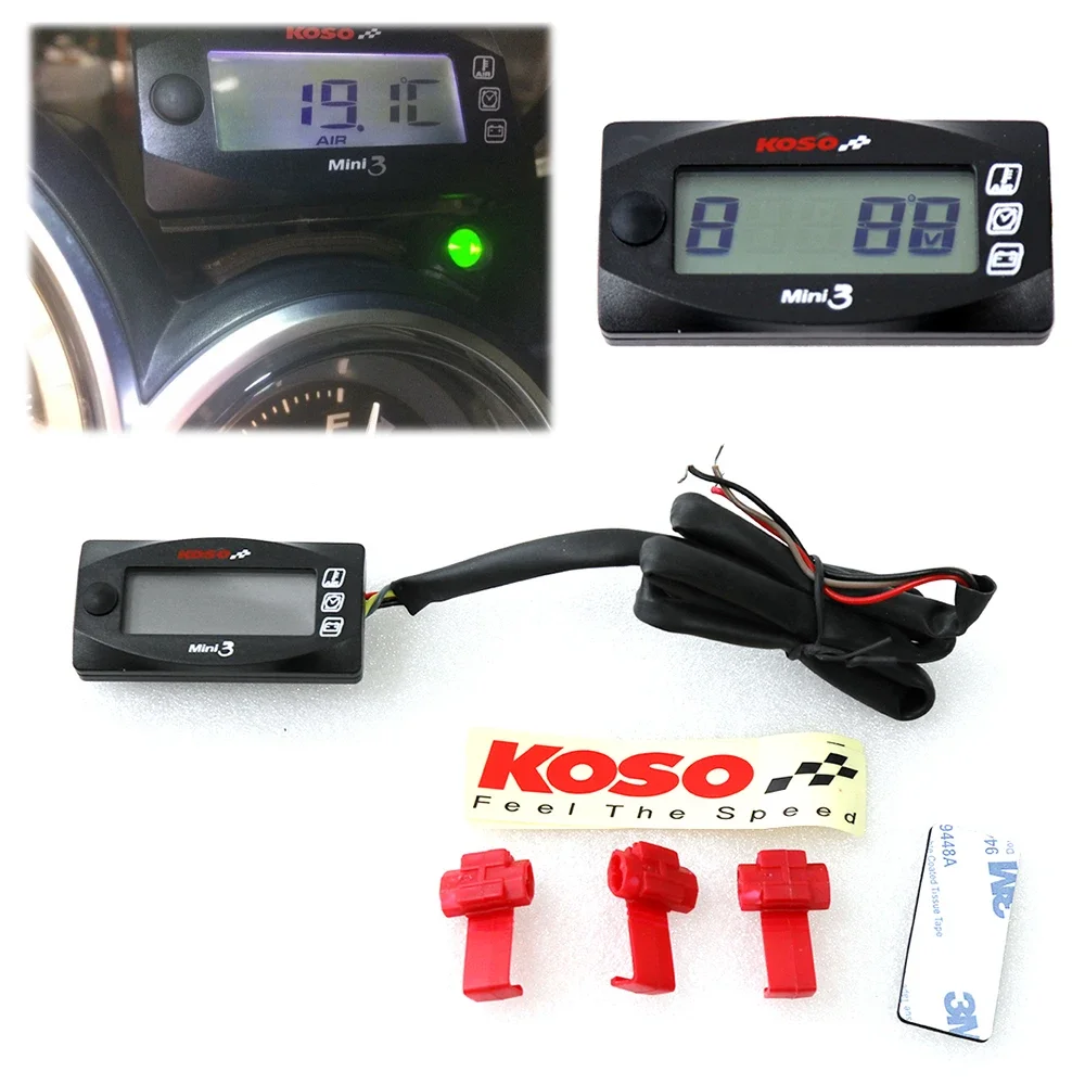 MINI 3 In 1 LED Display KOSO Meter Air Temp+Time+Volt Meter Motorcycle Accessories with Brackets