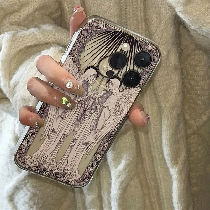 Modny biały anioł przezroczysty miękki futerał na iPhone 15 14 13 12 11 14 Pro Max XS XR SE 7 8 Plus luksusowy pokrowiec na telefon Coque