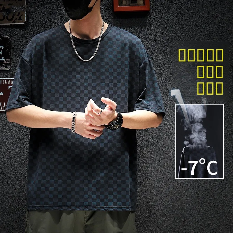 

Мужская летняя футболка из ледяного шелка с коротким рукавом, свободного кроя, для тренировок, быстросохнущая, в корейском стиле, в клетку, для фитнеса и спортзала