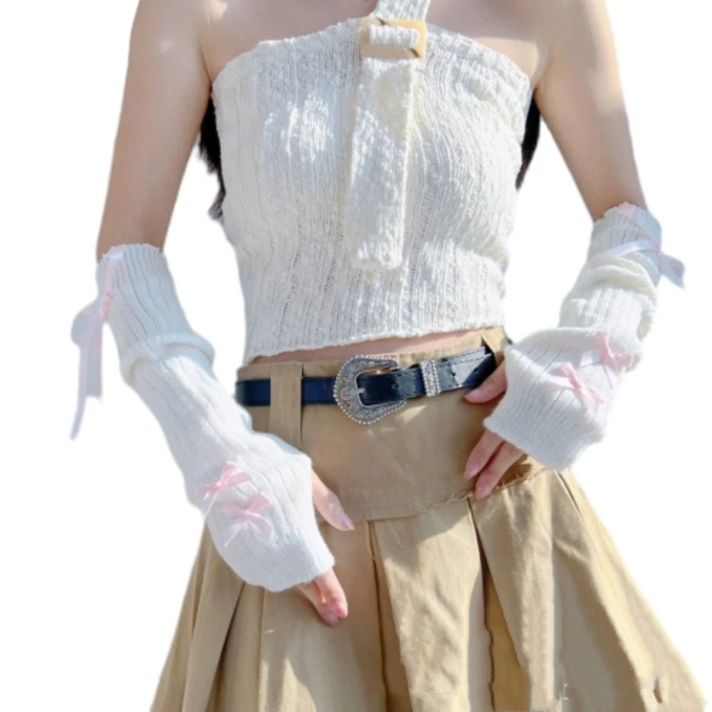 Manicotti elastici in maglia con fiocco stile balletto Y2K guanti lunghi mezze dita scaldamuscoli dolci stile coreano accessori di abbigliamento
