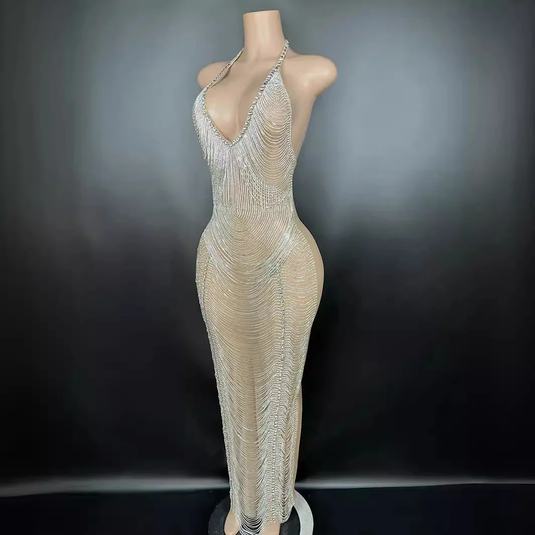 Woman'Sexy Prom Dresses Hand Drilling Neck Hanging Backless Long Dress Temperament Celebrity Walking On The Red Carpet SameStyle