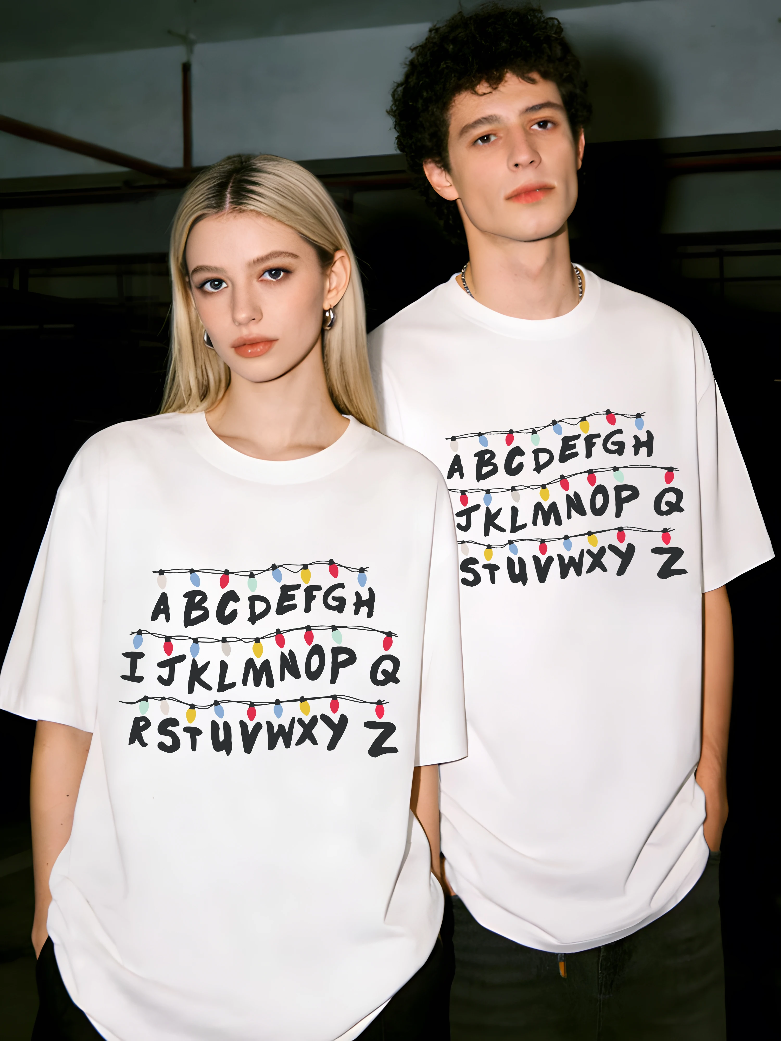 T-Shirt mit Lichtbuchstaben und Wanddesign, für Paare, Sport, Sommer, Basics, kurzärmelig, lässig, lockere Kleidung, Baumwolle, Unisex, weiches T-Shirt
