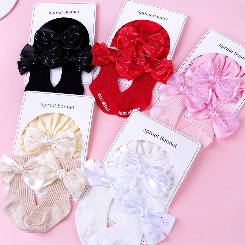 

3Pcs/Set Newborn Silk Bowknot Baby Turban Hat Cotton Anti-Slip Bow Baby Girl Socks Cute Chips Shiny Baby Hat Hair Accessories