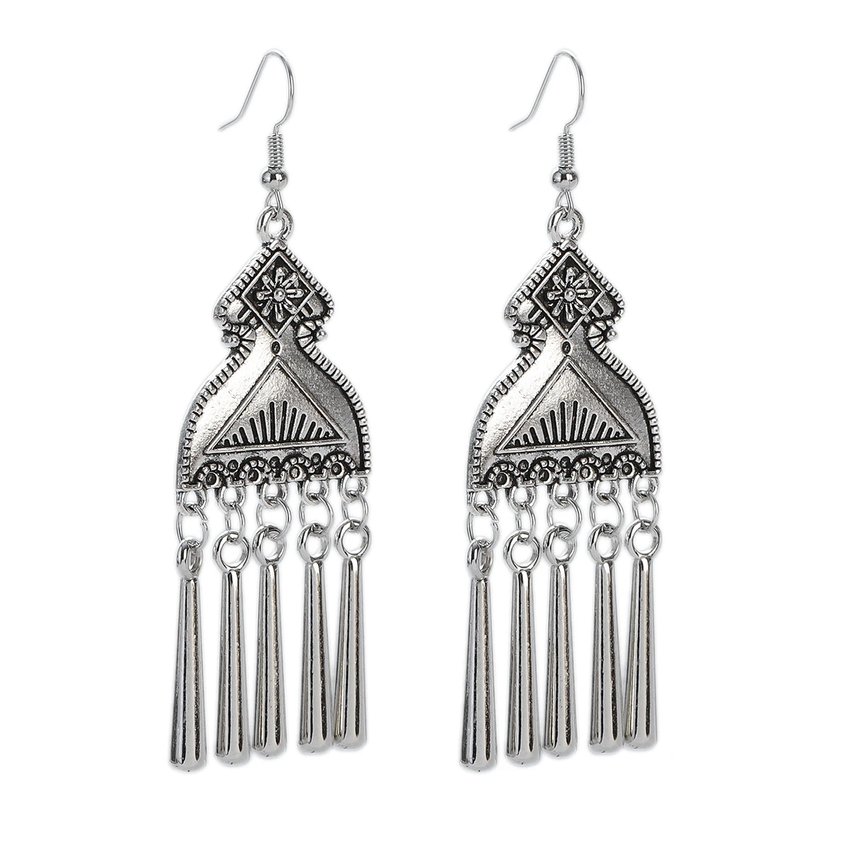 Vintage Silver Color Bohemian Earrings for Women Geometric Tassel Jewelry Metal Carved Round Heart Shape Dangle Earrings Gift