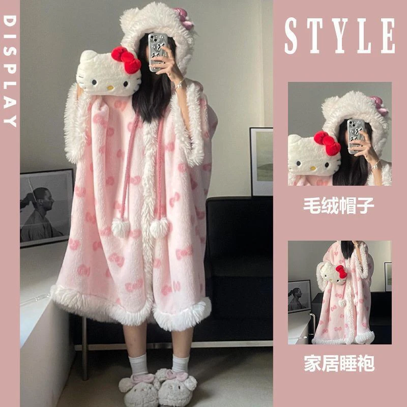 

Новые пижамы Hellokitty Cat, женские коралловые бархатные зимние милые модные утолщенные теплые плащи для косплея, ночная рубашка, домашняя одежда, подарок