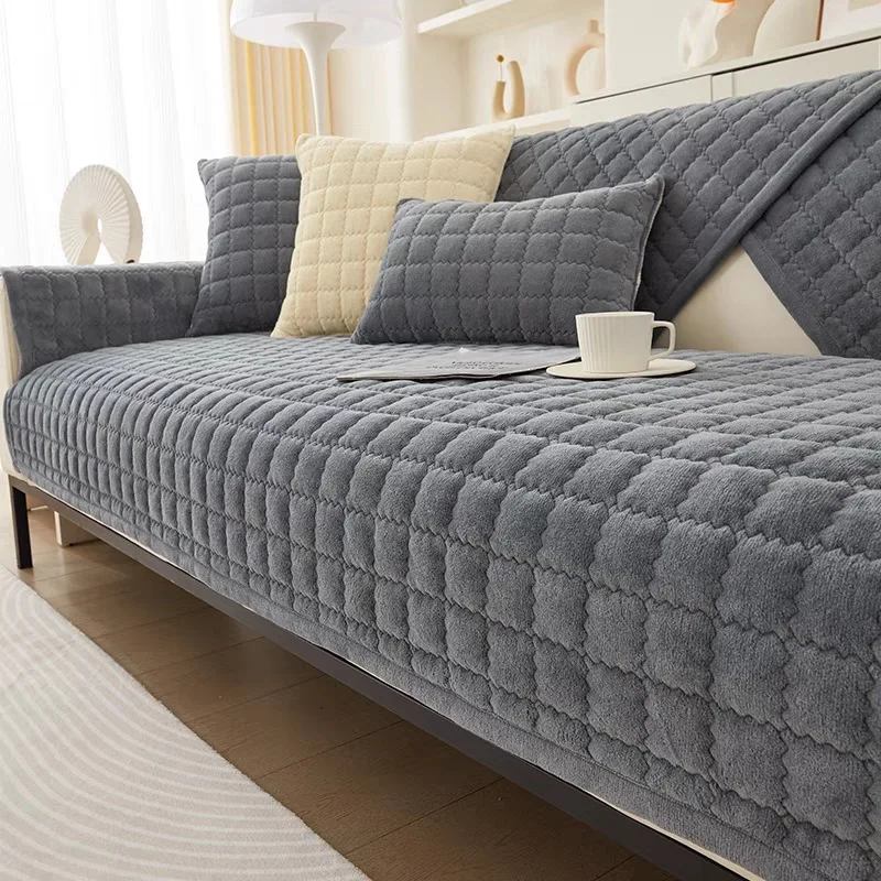 

Thickened Milk Velvet Non-Slip Plaid Sofa Cover Plush Sofa Cushion Winter Flannel Solid Color Sofa Backrest Armrest Velvet Towel
