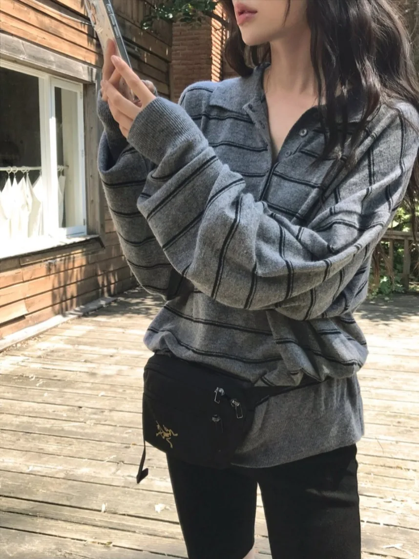 Doux ample rayure tricots laine décontracté Sle femmes pull coupe confortable printemps automne Faion J INS Dongda Gate