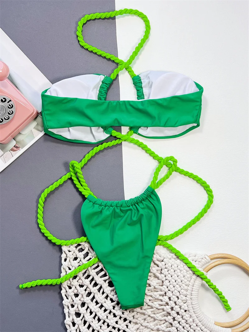 Biquíni para-brasileiro com cruz halter para mulheres, verde, sexy, bandagem, recortada, para a praia, para a praia, 2021