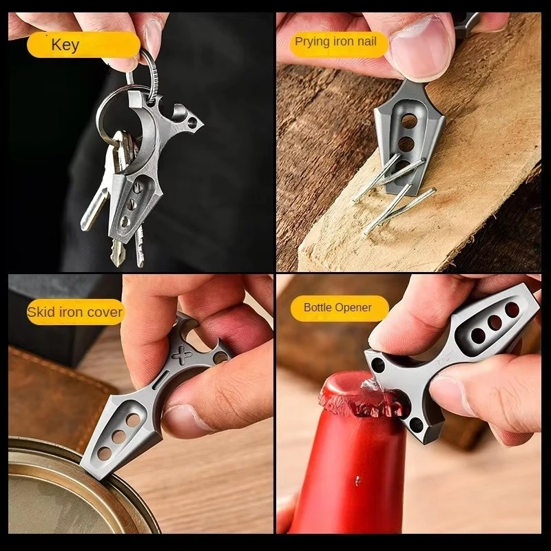 Portable titanium bottle opener keychains for camping and hiking