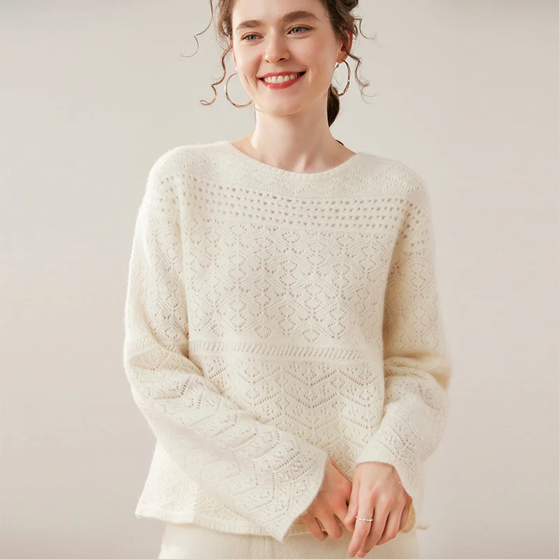 Spring Summer Women Hollow Pullover 100% Cashmere Sweater O-Neck Thick Simple Soft Luxury Grace Style Clothing High Quality