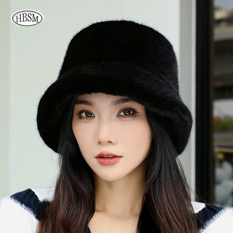 Balde de pele de vison falso elegante bonés de inverno feminino novo design moda chapéus de pele artificial malha quente gorros de pele de vison falso chapéu