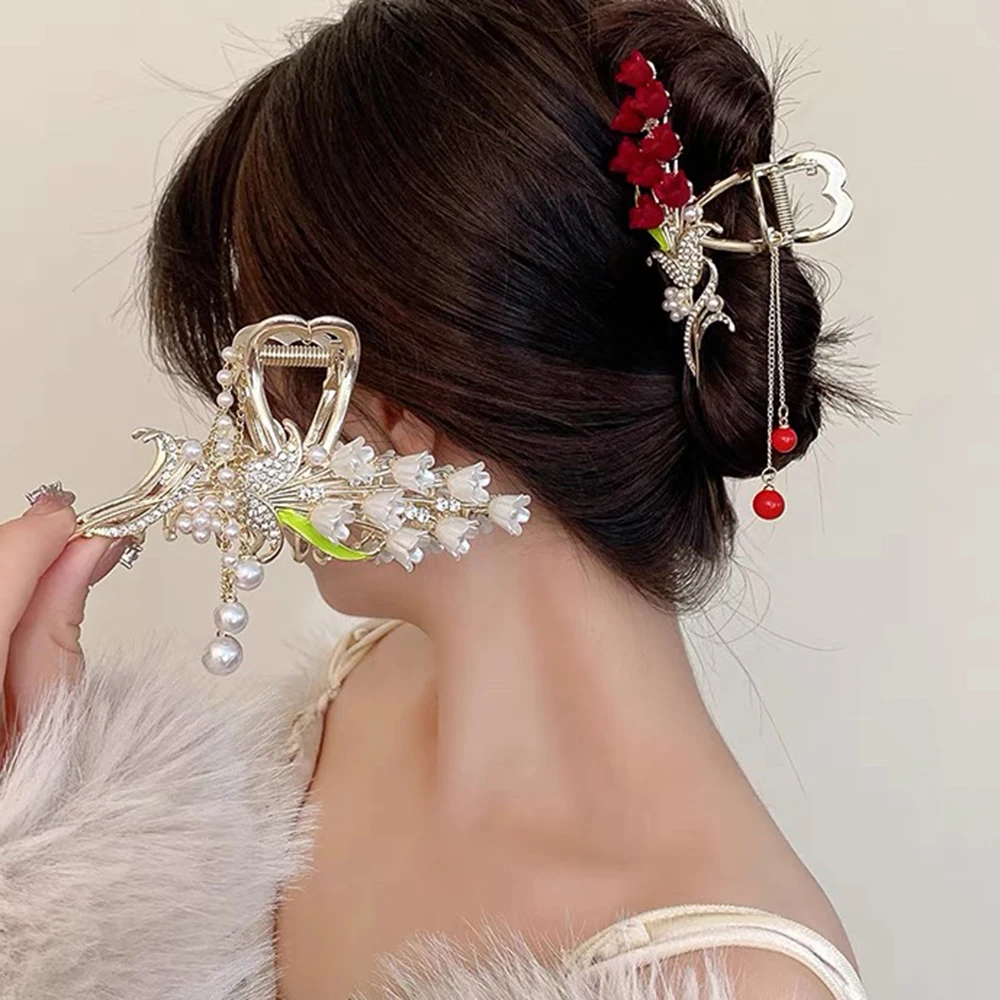 11.5cm Lily Of The Valley Bouquet Tassel Clip Golden Hair Claw Hair Clips Red Festival Ponytail Hair Crabs Fashion Accessories